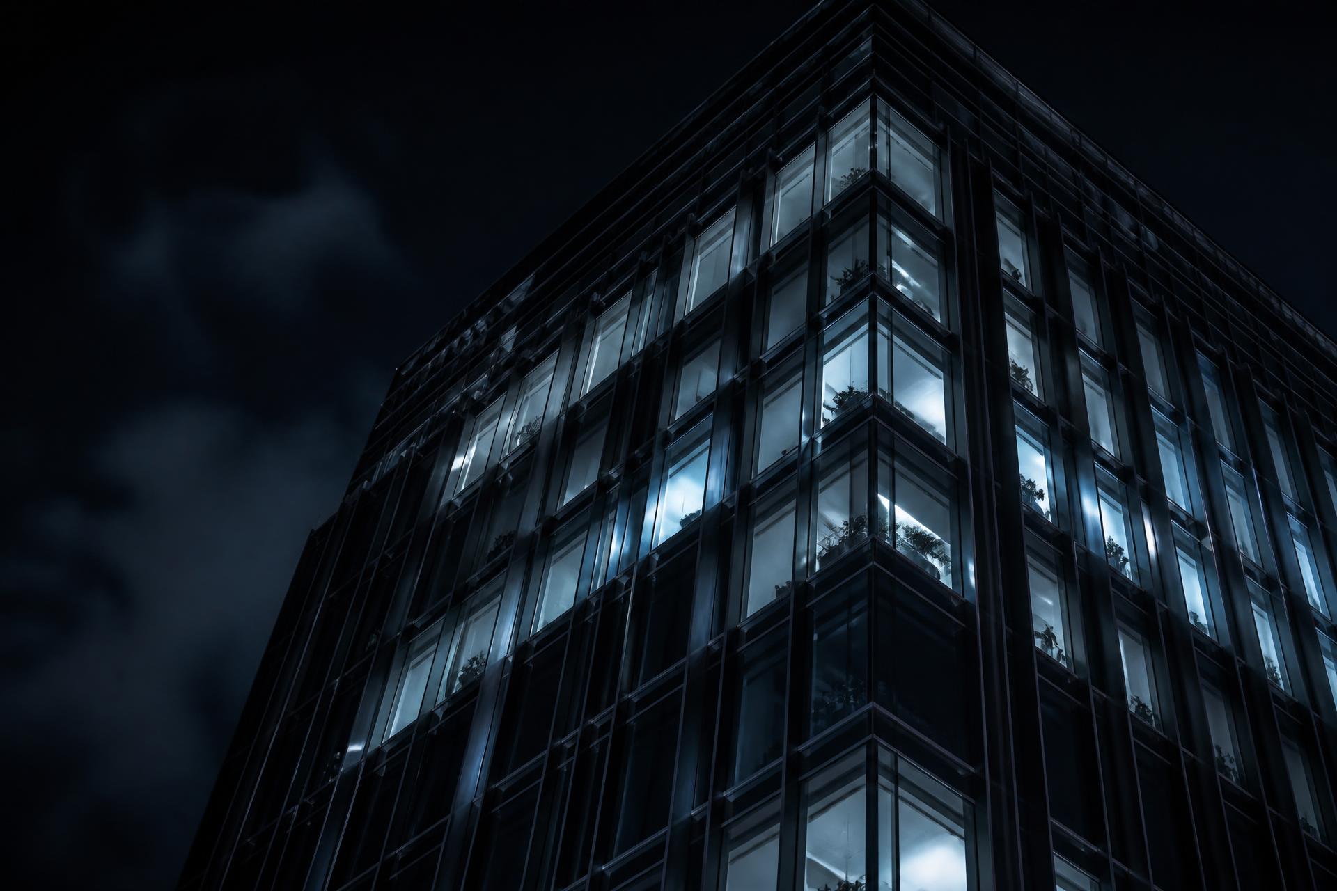 Fachada de vidro e esquadrias de alumínio iluminada à noite